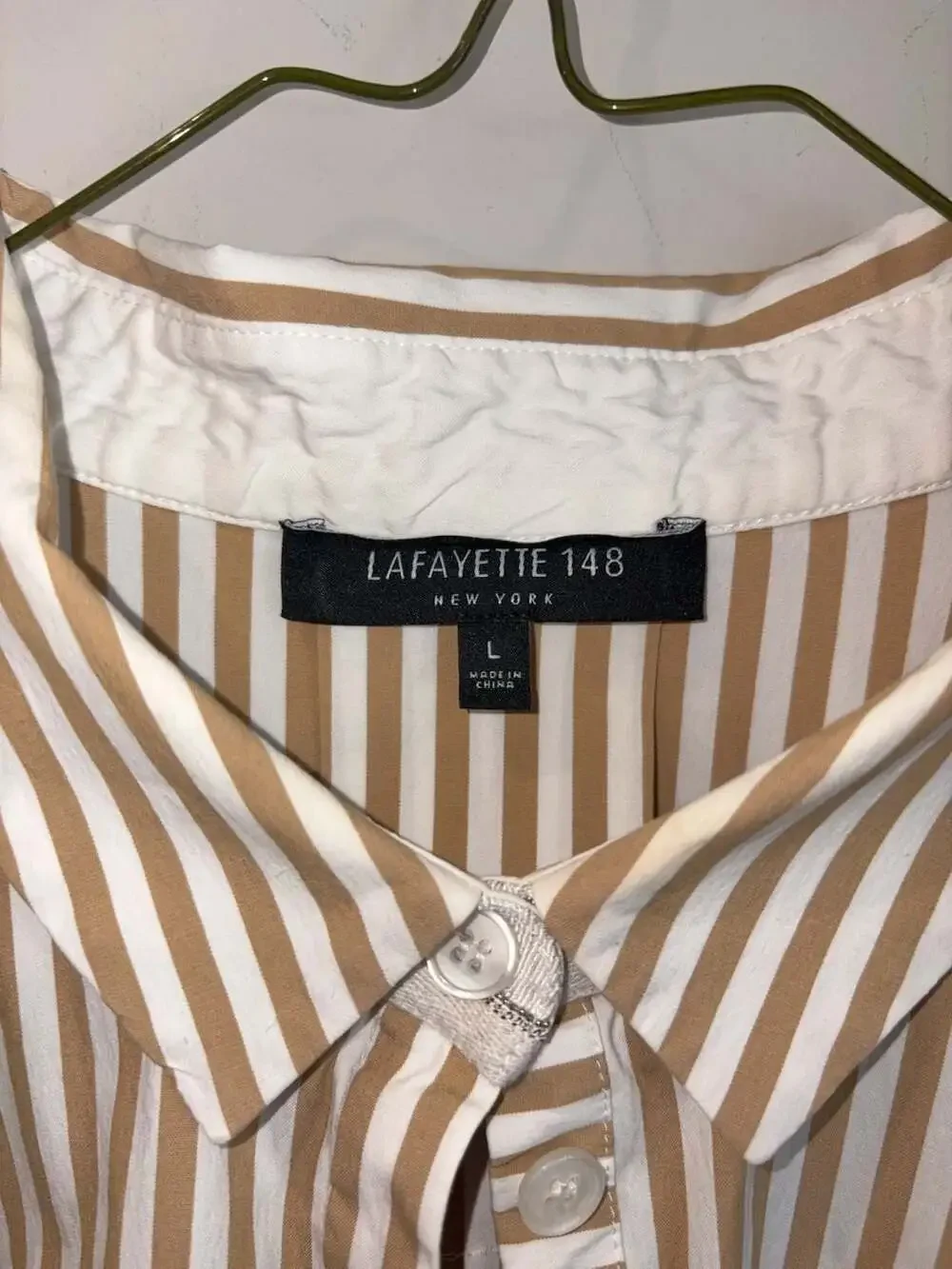 Lafayette 148 New York Tan and White Striped Button Down Shirt Size L - Picture 2 of 4